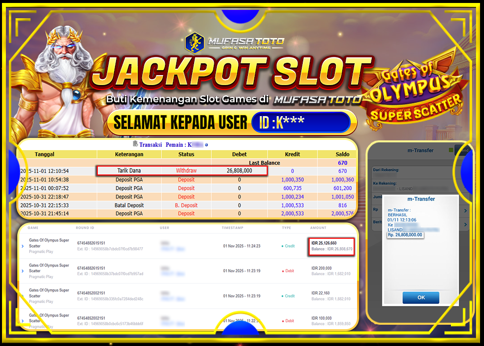 MUFASATOTO JACKPOT PRAGMATIC PLAYRp.26.808.000|LUNAS